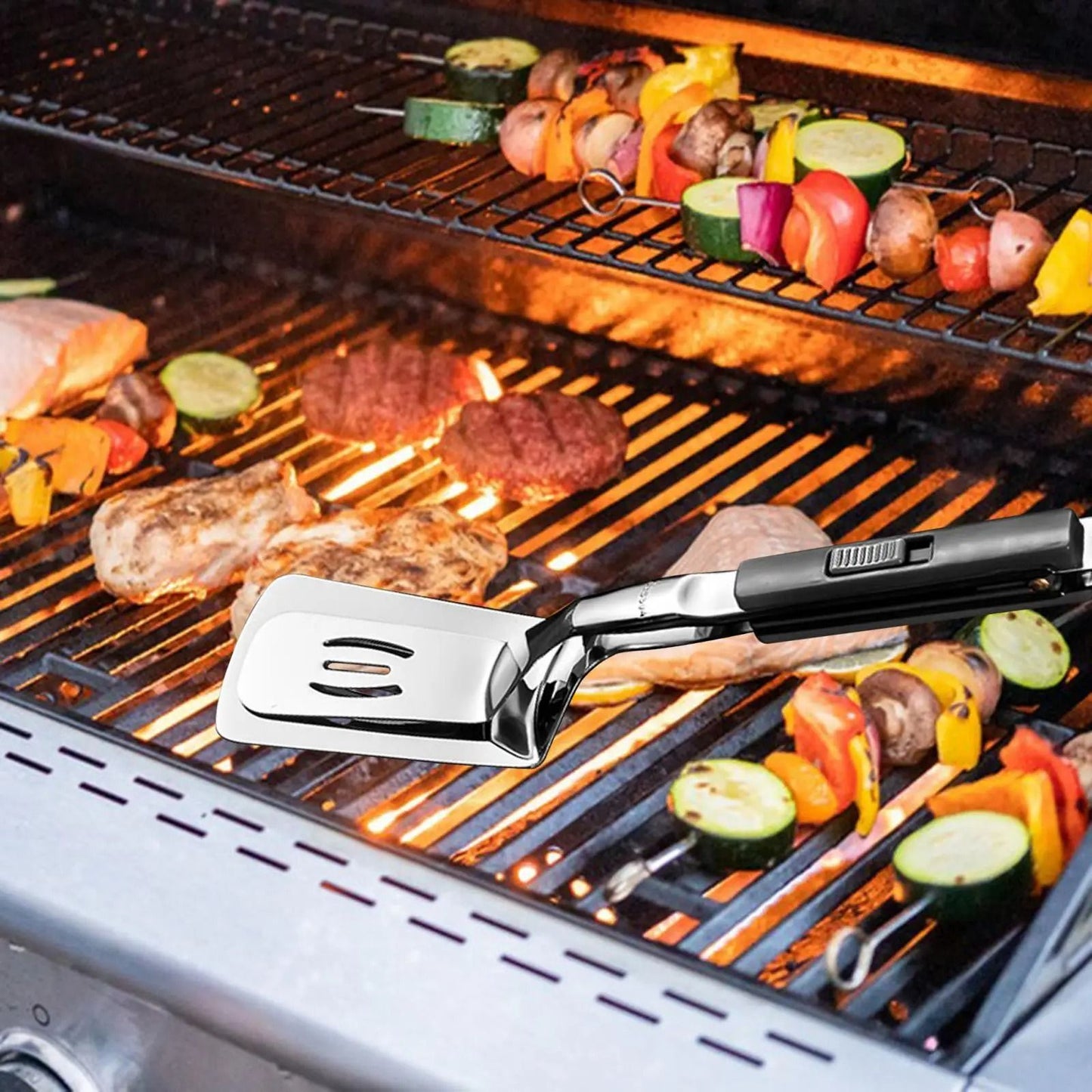 Premium Stainless Steel Slotted Spatula Tongs  Ideal For Grilling Fish Steaks Burgers And Eggs 2