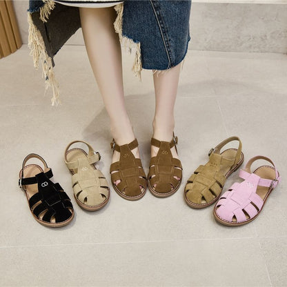 Women Genuine Leather Sandals Retro Hollow Baotou Flat Sandals for Casual Wear