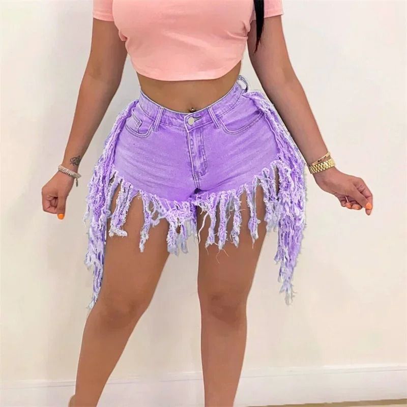 Summer High Waist Skinny Denim Shorts Tassel Zipper Fly Jeans for Street  Night Club Style