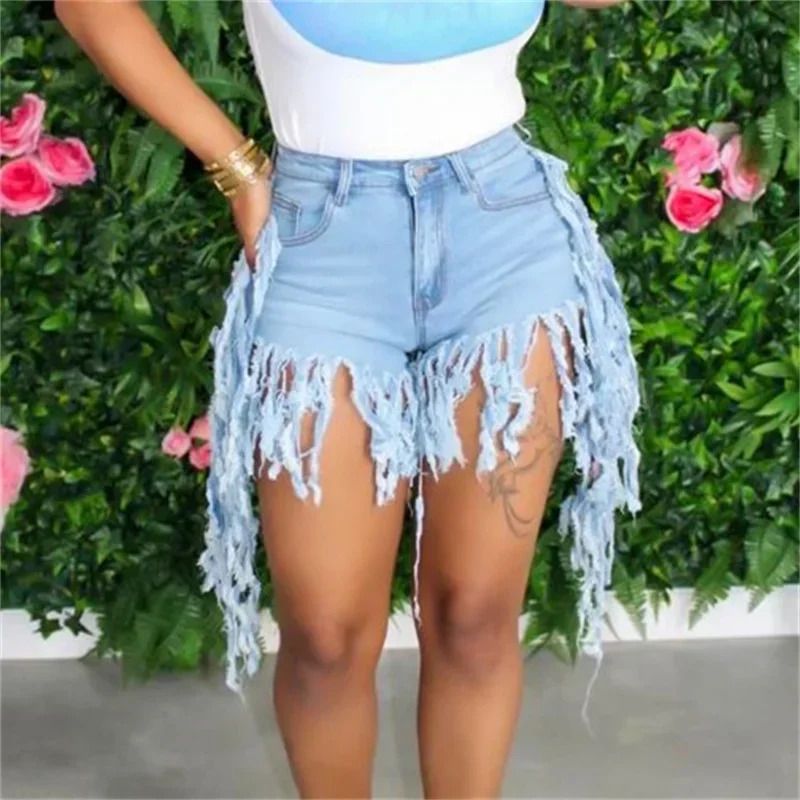 Summer High Waist Skinny Denim Shorts Tassel Zipper Fly Jeans for Street  Night Club Style