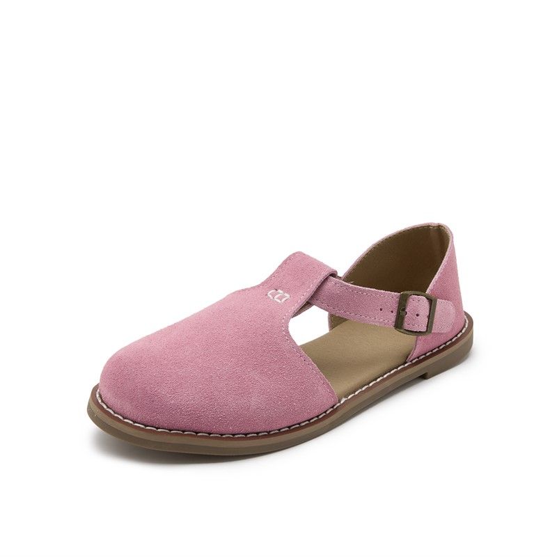 Women Leather Sandals Flat Soled Retro Frosted Roman Baotou Sandals with Adjustable Buckle Strap