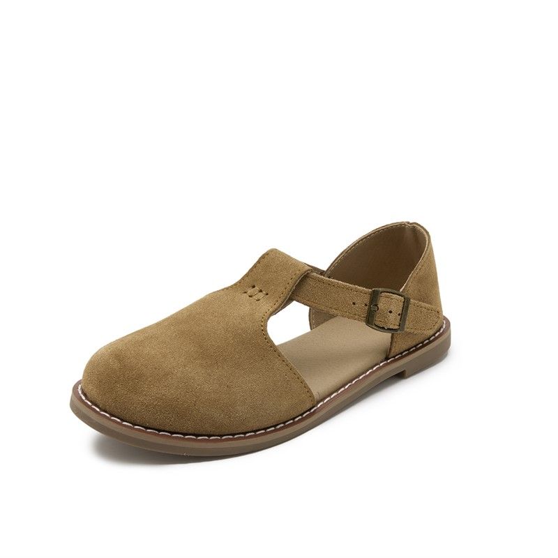 Women Leather Sandals Flat Soled Retro Frosted Roman Baotou Sandals with Adjustable Buckle Strap