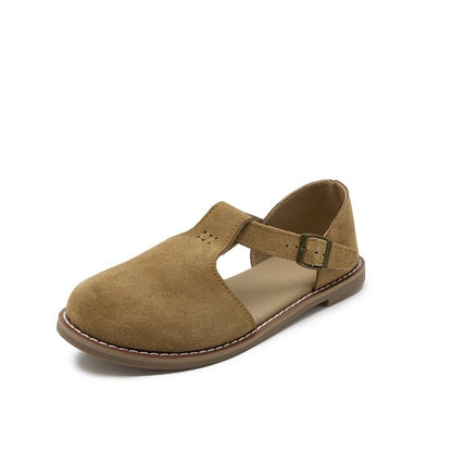 Women Leather Sandals Flat Soled Retro Frosted Roman Baotou Sandals with Adjustable Buckle Strap