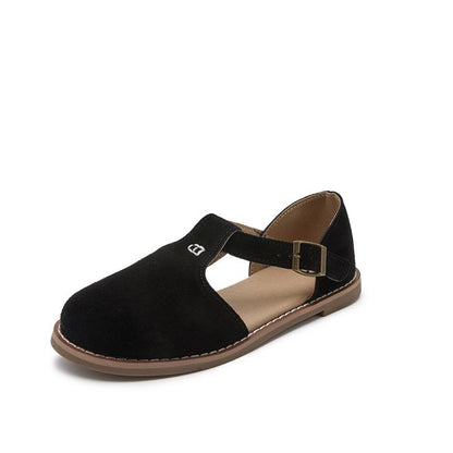 Women Leather Sandals Flat Soled Retro Frosted Roman Baotou Sandals with Adjustable Buckle Strap