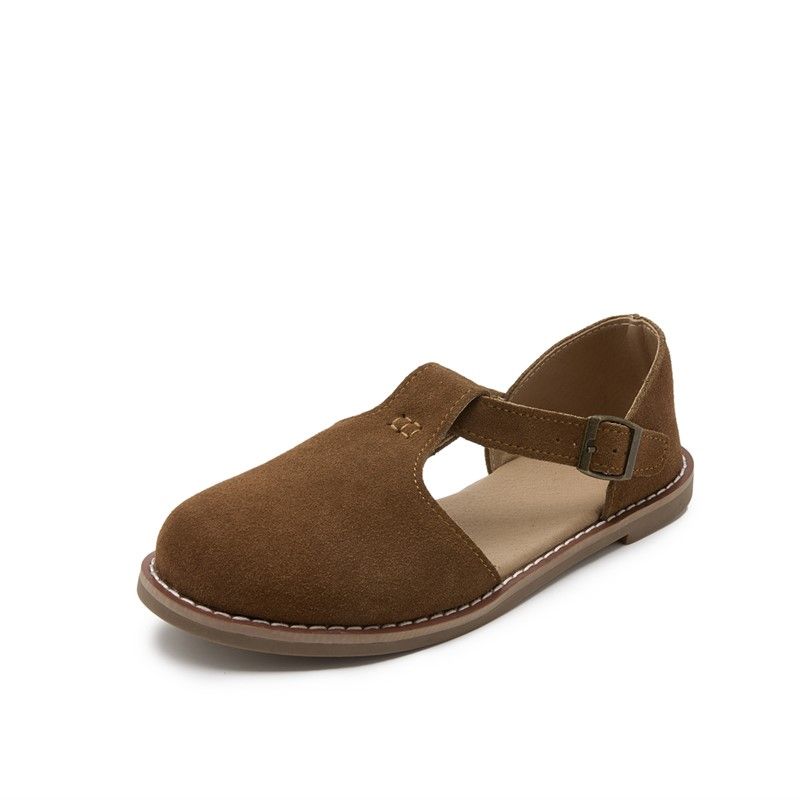 Women Leather Sandals Flat Soled Retro Frosted Roman Baotou Sandals with Adjustable Buckle Strap