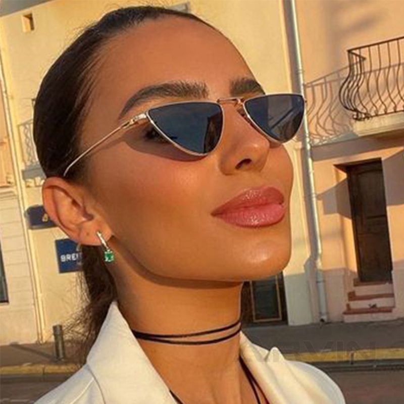 Fashion Metal Small Cat Eye Sunglasses for Women,Trendy Punk Style with Clear Ocean Lens, Hip Hop Shades