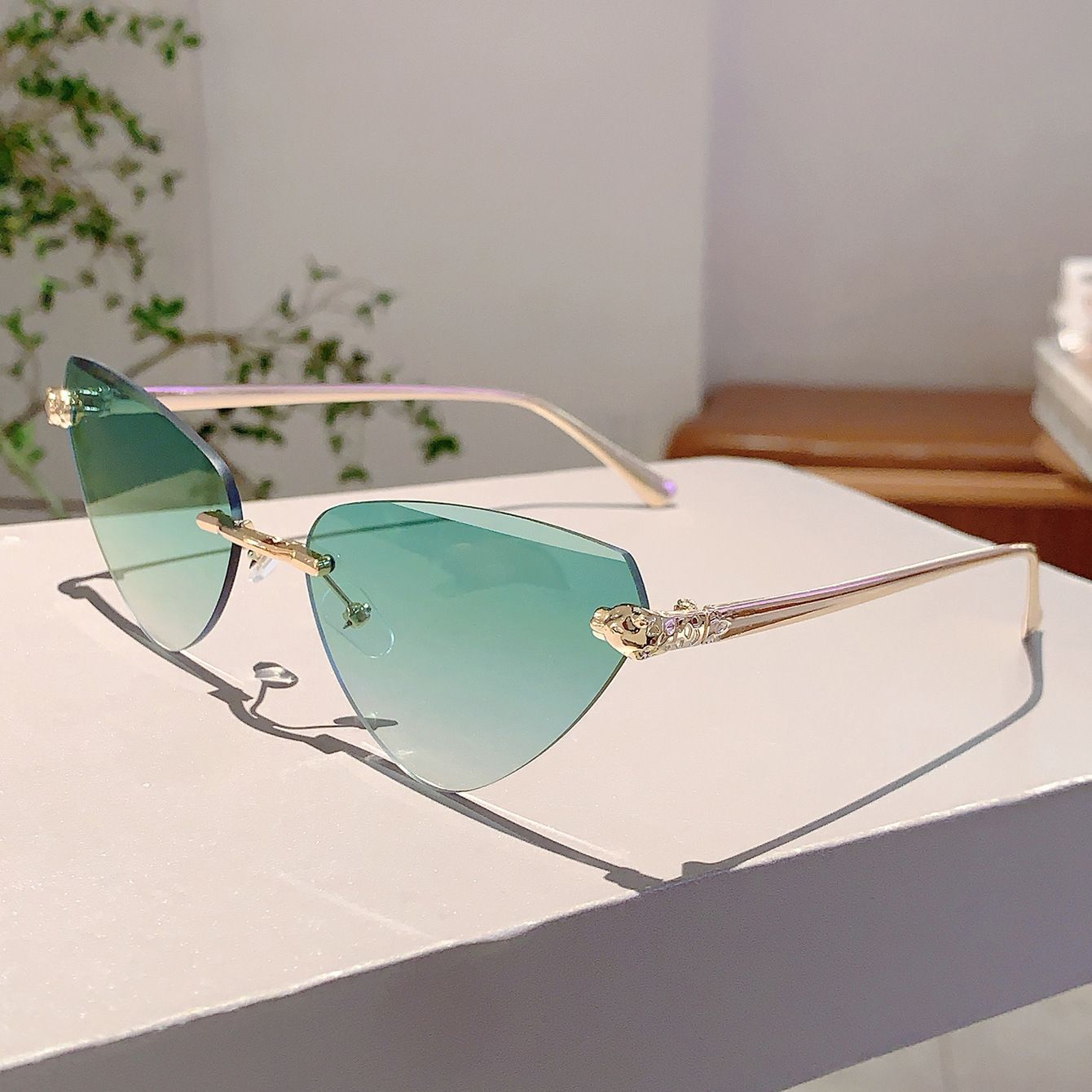 Vintage Rimless Triangle Cat Eye Sunglasses Luxury Designer Sun Glasses for Women  Men