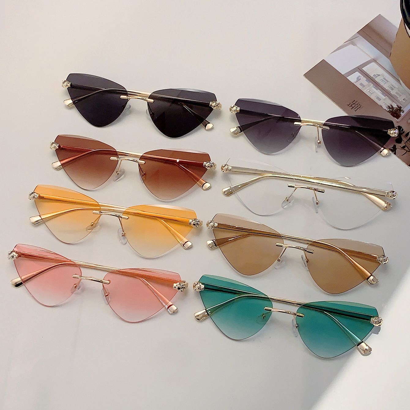 Vintage Rimless Triangle Cat Eye Sunglasses Luxury Designer Sun Glasses for Women  Men