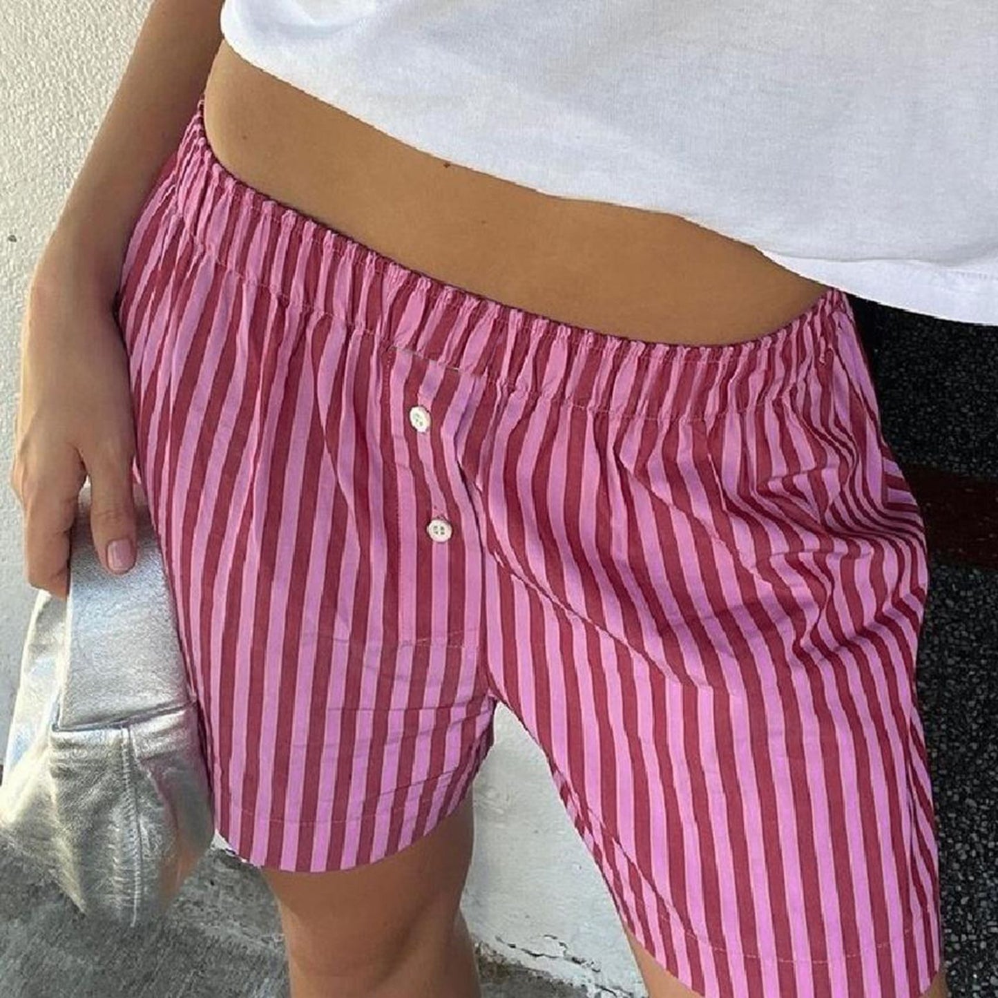 Casual Vintage Shorts for Women High Waist Elastic Waist Striped Print Pajama Pants Beachwear  St