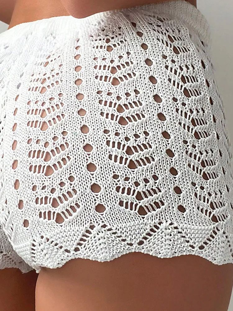 Hollow Drawstring Open Waist Knitted Bikini Blocked Womens Shorts Stylish  Comfortable Beachwear