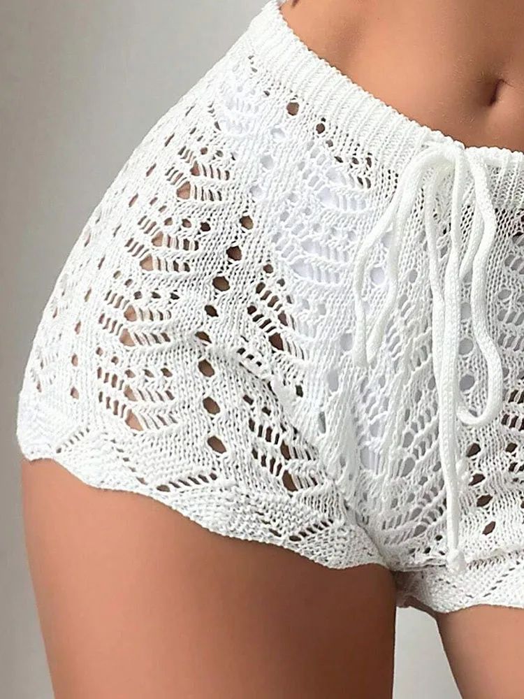 Hollow Drawstring Open Waist Knitted Bikini Blocked Womens Shorts Stylish  Comfortable Beachwear