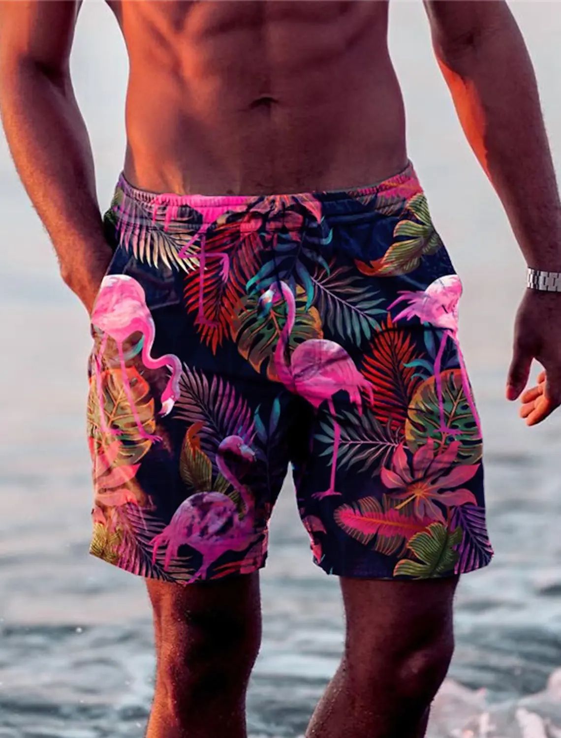 Holiday Hawaiian Mens Swim Trunks Leaf Flamingo Graphics Quick Drying Micro elastic Drawstring Shorts