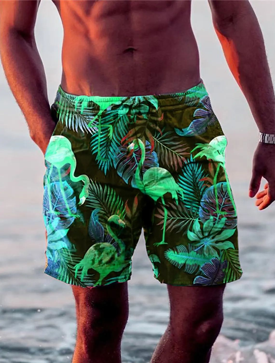 Holiday Hawaiian Mens Swim Trunks Leaf Flamingo Graphics Quick Drying Micro elastic Drawstring Sho