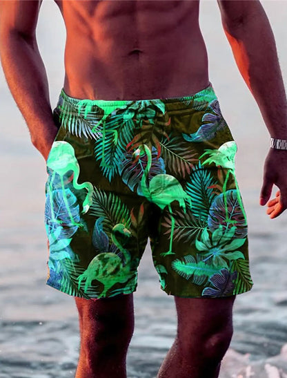 Holiday Hawaiian Mens Swim Trunks Leaf Flamingo Graphics Quick Drying Micro elastic Drawstring Sho