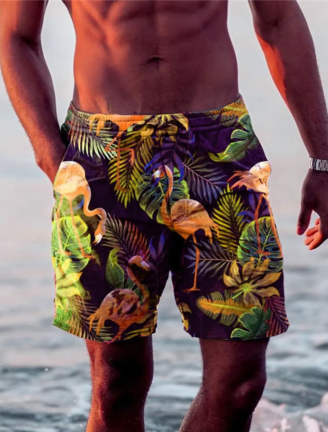Holiday Hawaiian Mens Swim Trunks Leaf Flamingo Graphics Quick Drying Micro elastic Drawstring Sho