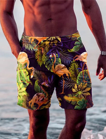 Holiday Hawaiian Mens Swim Trunks Leaf Flamingo Graphics Quick Drying Micro elastic Drawstring Sho