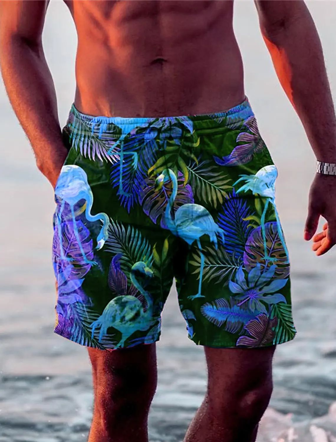 Holiday Hawaiian Mens Swim Trunks Leaf Flamingo Graphics Quick Drying Micro elastic Drawstring Sho