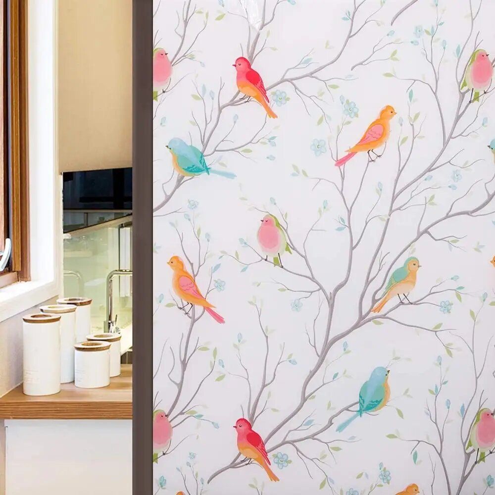 Opaque Privacy Window Film with Static Cling Decorative Bird Decals  Frosted Glass Stickers for Ho