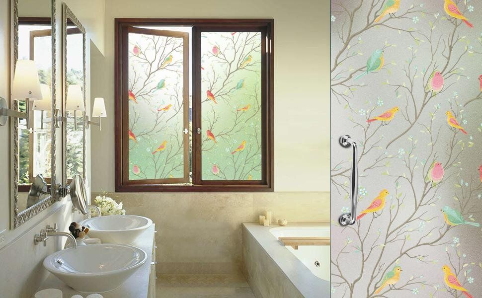 Opaque Privacy Window Film with Static Cling Decorative Bird Decals  Frosted Glass Stickers for Ho
