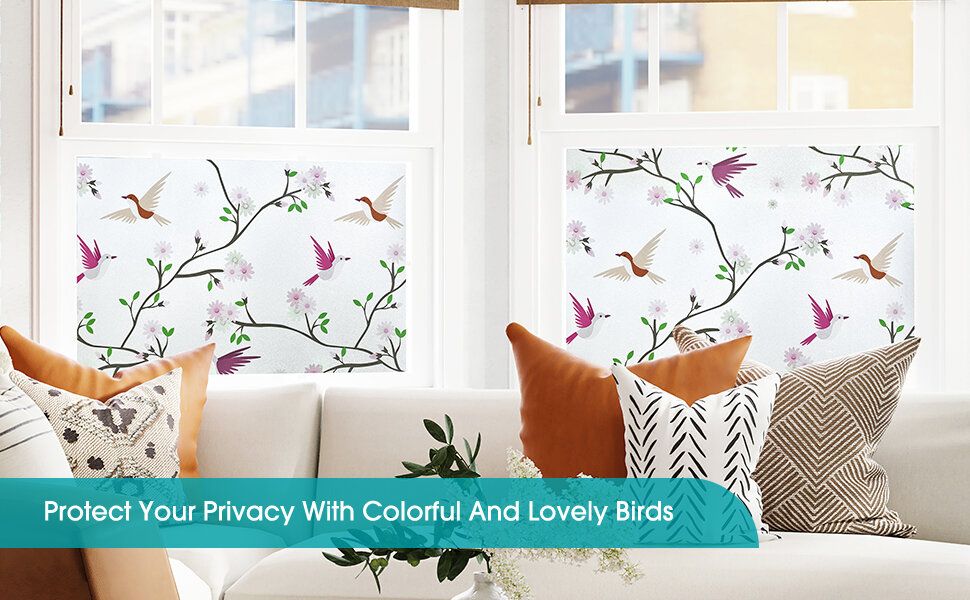 Opaque Privacy Window Film with Static Cling Decorative Bird Decals  Frosted Glass Stickers for Ho