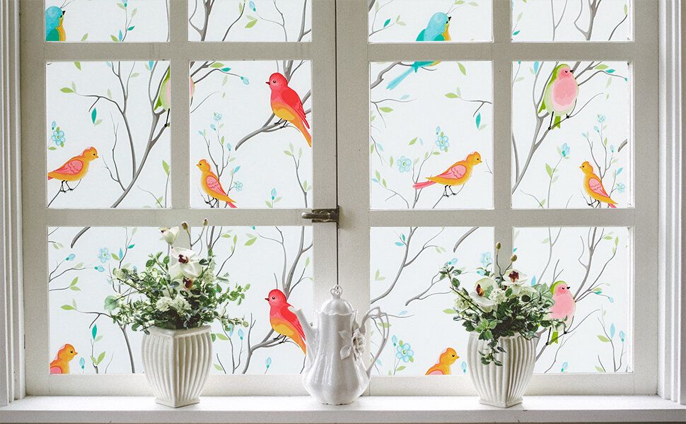 Opaque Privacy Window Film with Static Cling Decorative Bird Decals  Frosted Glass Stickers for Ho