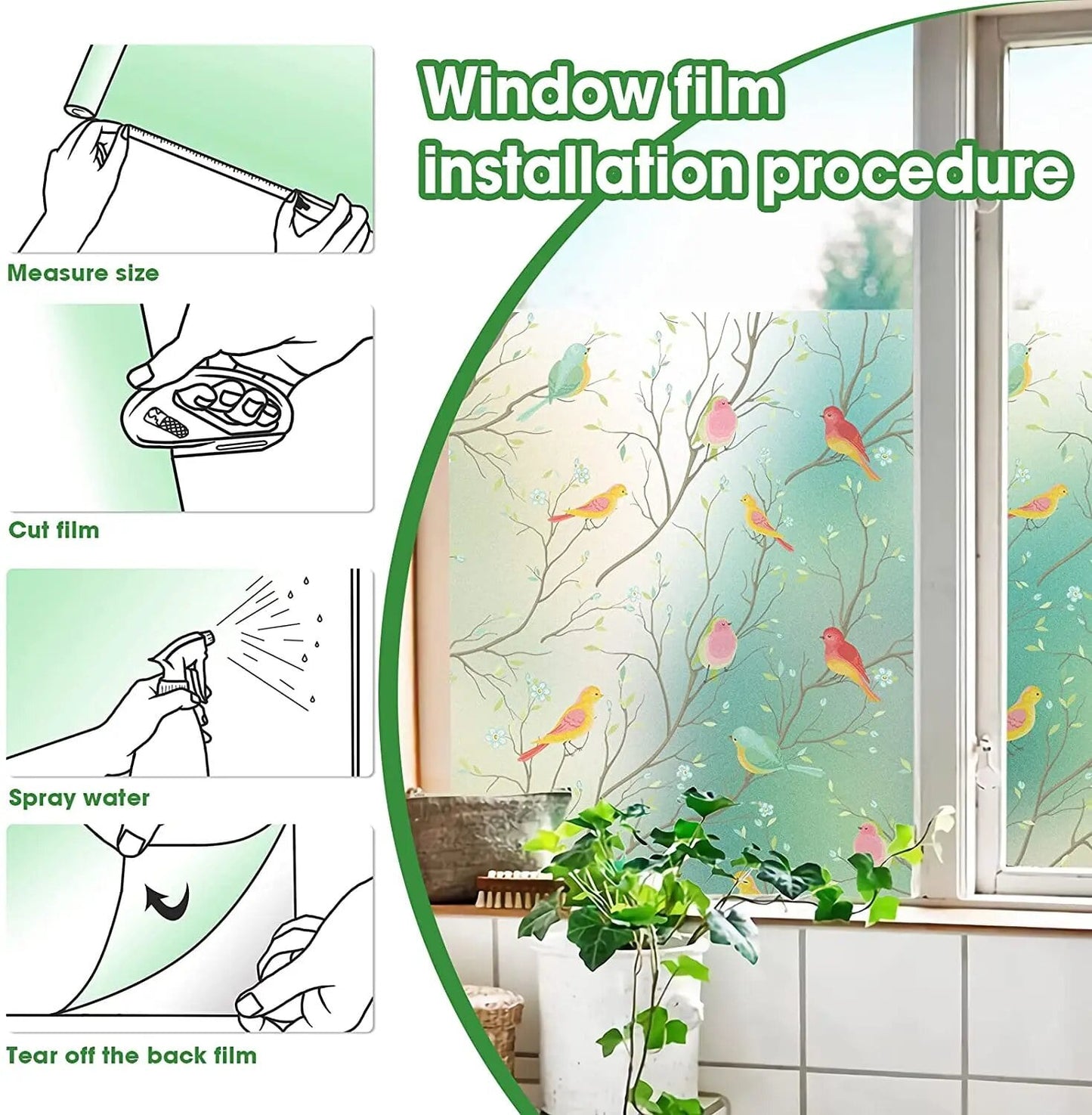 Opaque Privacy Window Film with Static Cling Decorative Bird Decals  Frosted Glass Stickers for Ho