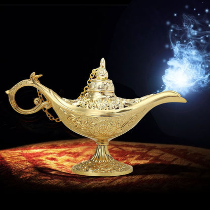 Collectable Carved Rare Genies Lamp Gold Zinc Alloy Aladdins Lamp Model for Home Decoration