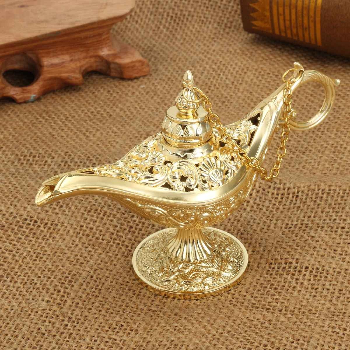 Collectable Carved Rare Genies Lamp Gold Zinc Alloy Aladdins Lamp Model for Home Decoration