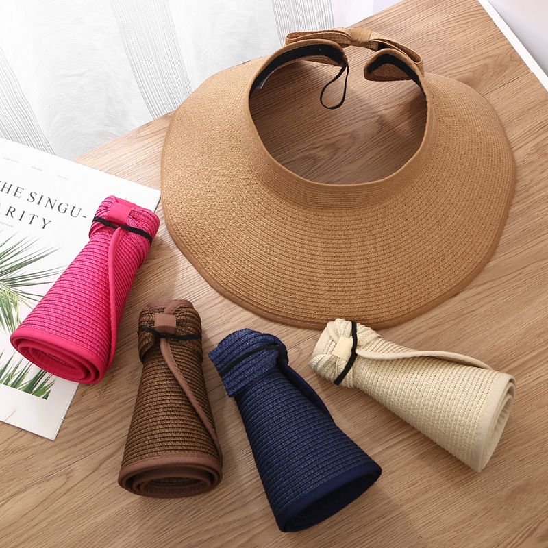 UV Protection Beach Straw Hat for Women Foldable Wide Brim Bowknot Visor Sun Hat for Travel & Summer