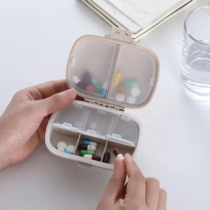 Mini Portable 8-Grids Pill Box, Travel Medicine Organizer with Wheat Straw Sealed Tablets Storage