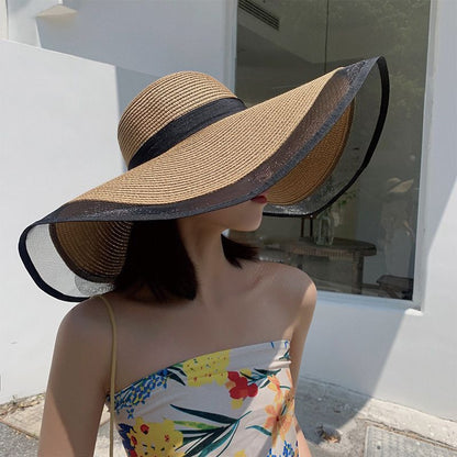 Women Big Brim Sun Hat Foldable Straw Beach Hat With UV Protection Vintage Waves Design 1