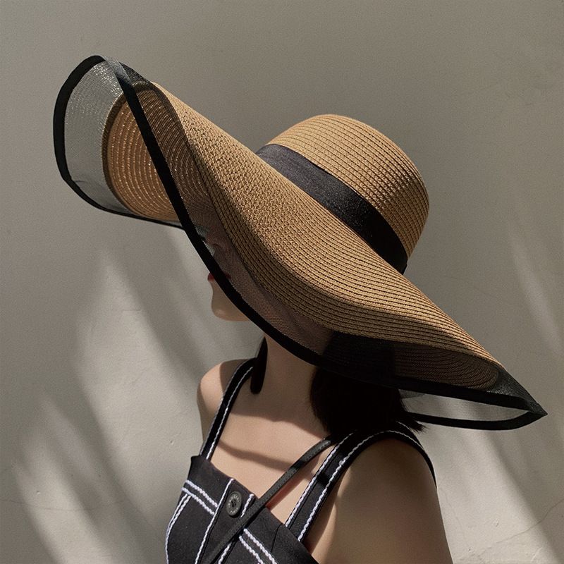 Women Big Brim Sun Hat Foldable Straw Beach Hat With UV Protection Vintage Waves Design 2