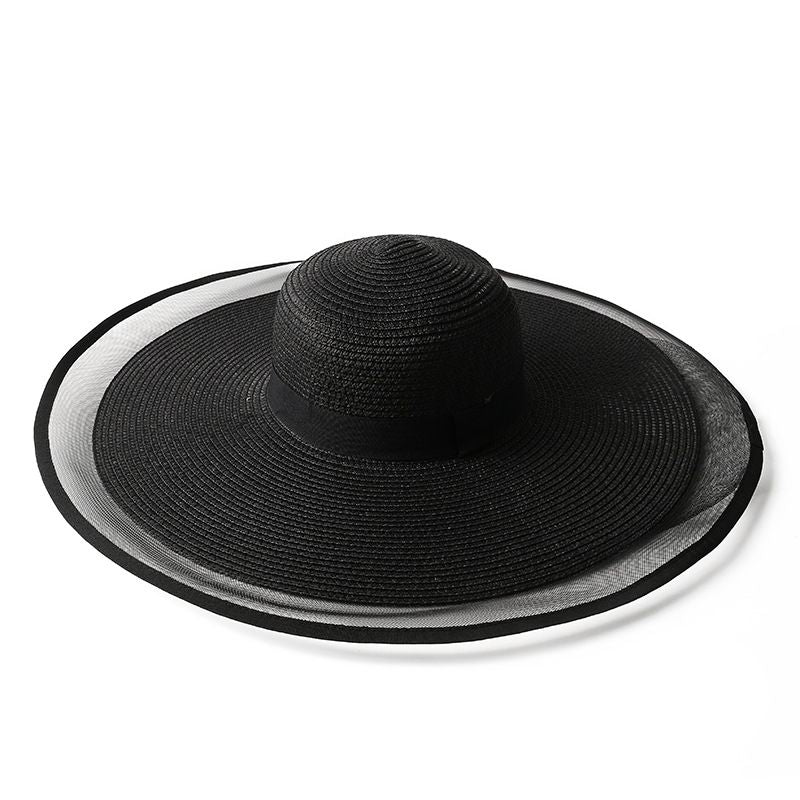 Women Big Brim Sun Hat Foldable Straw Beach Hat With UV Protection Vintage Waves Design 4