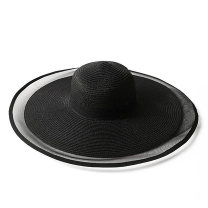 Women Big Brim Sun Hat Foldable Straw Beach Hat With UV Protection Vintage Waves Design 4