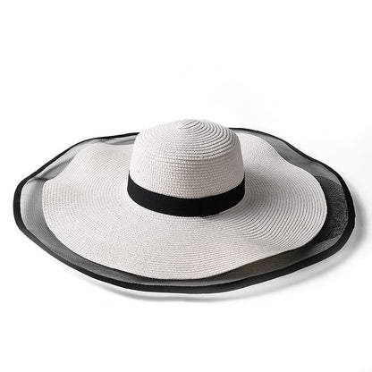 Women Big Brim Sun Hat Foldable Straw Beach Hat With UV Protection Vintage Waves Design 6