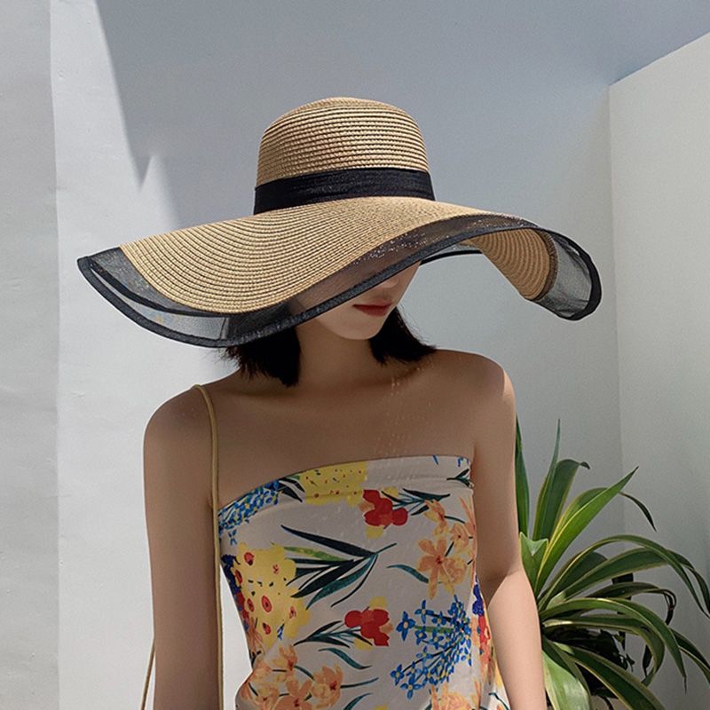 Women Big Brim Sun Hat Foldable Straw Beach Hat with UV Protection, Vintage Waves Design