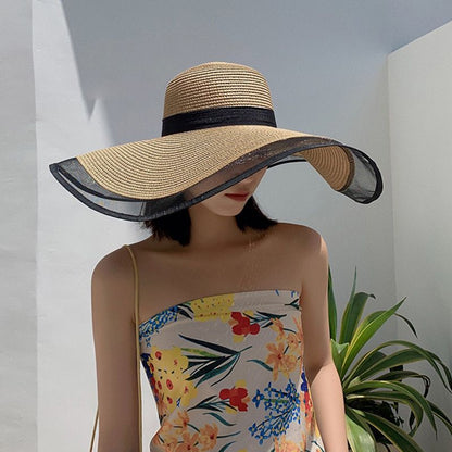 Women Big Brim Sun Hat Foldable Straw Beach Hat with UV Protection, Vintage Waves Design