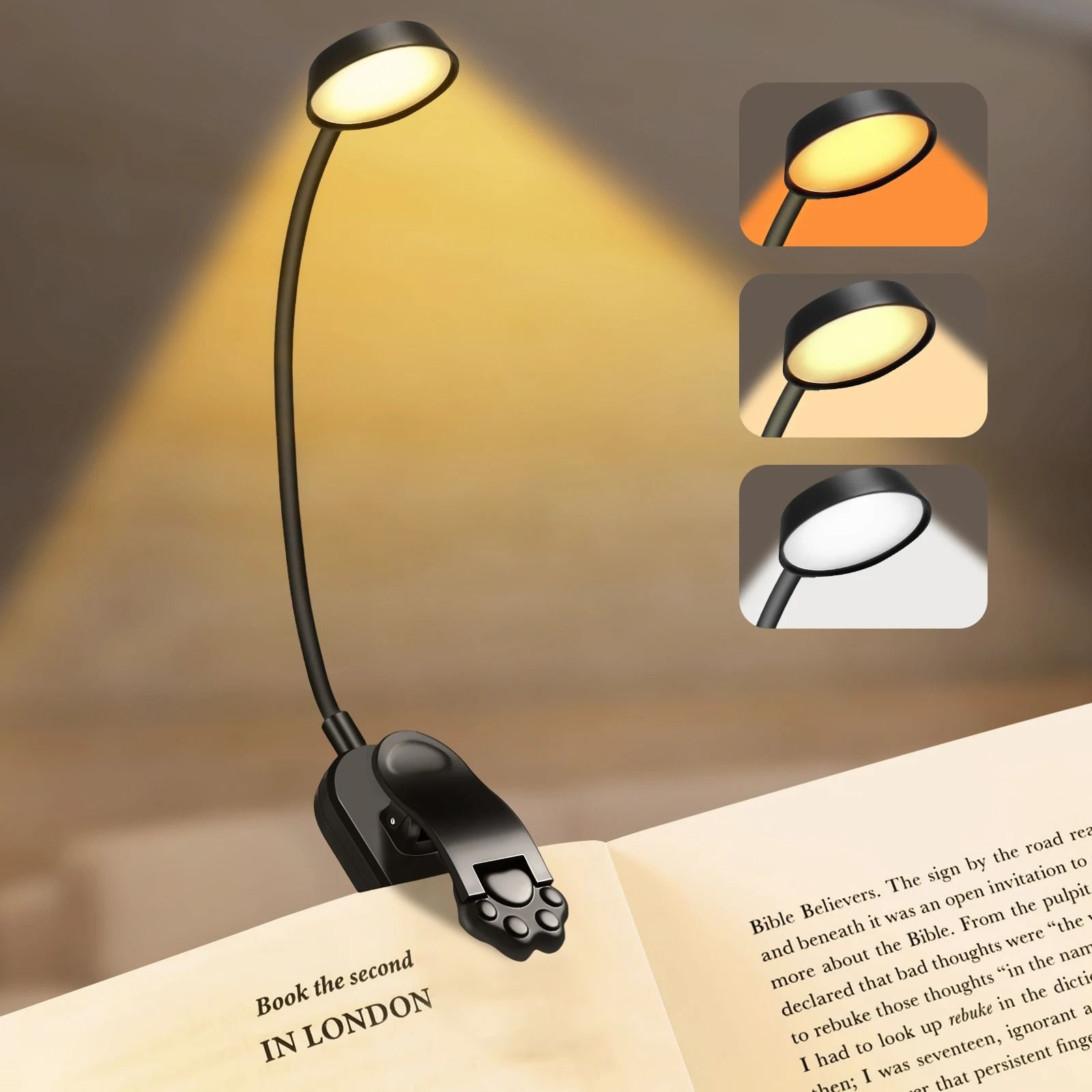 LED Dimmable Wireless Desk Lamp, USB Rechargeable Reading Light with 360 Flexible Gooseneck and Foldable Book Clip