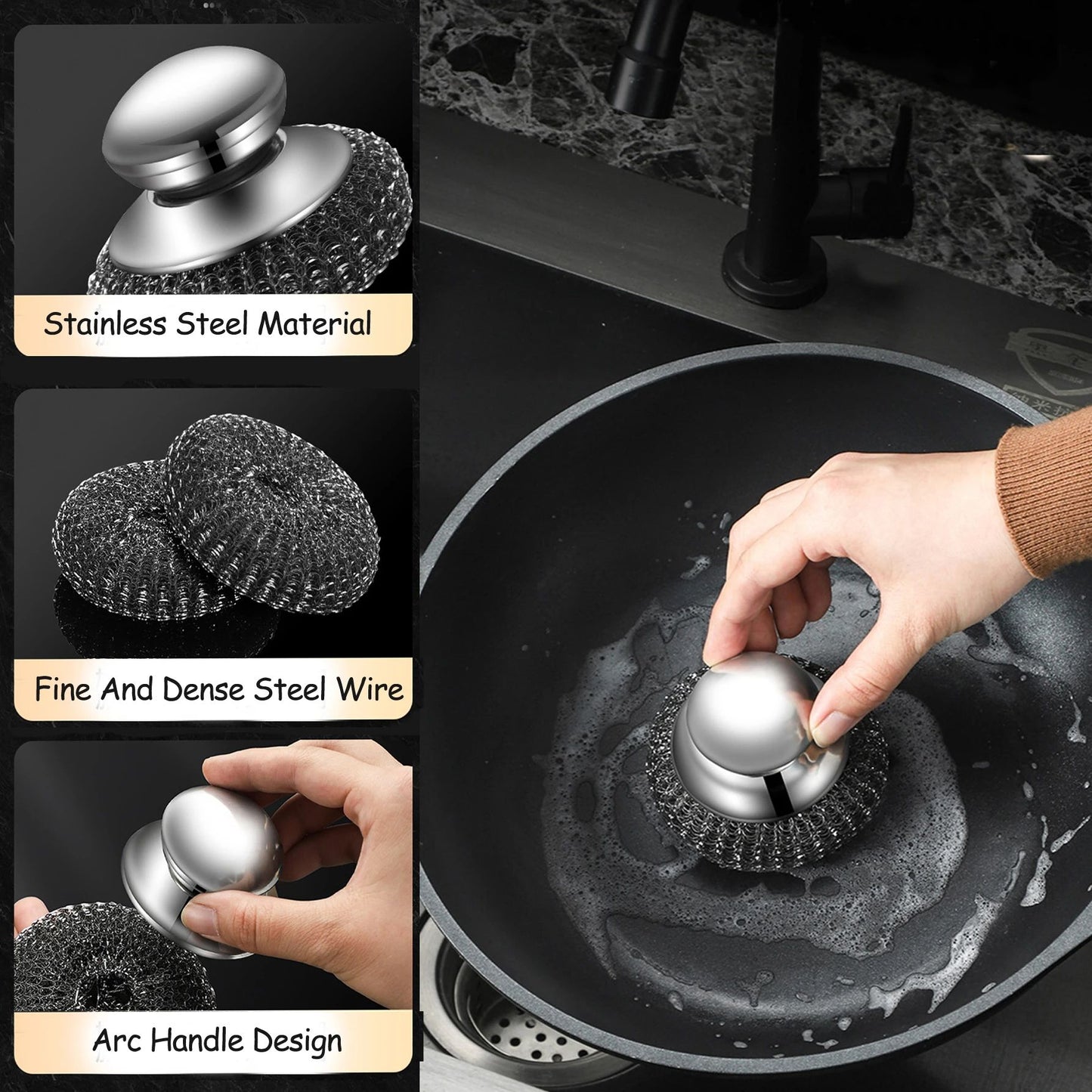 Stainless Steel Wool Scrubber with Handle ,Heavy Duty Cleaning Brush for Dishes, Pots, Pans, Griddles, and Grills