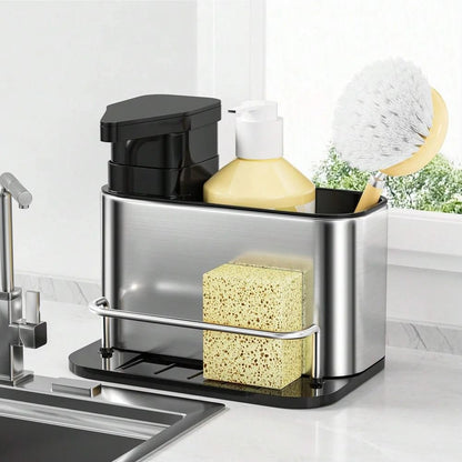 3-in-1 Kitchen Stainless Steel Soap Dispenser with Sponge Holder and Sink Organizer