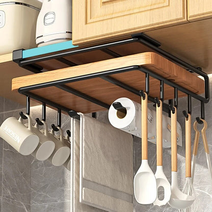 Under Cabinet Kitchen Hanging Organizer Rack with Hooks for Cutting Boards, Paper Towels, and Pot Covers
