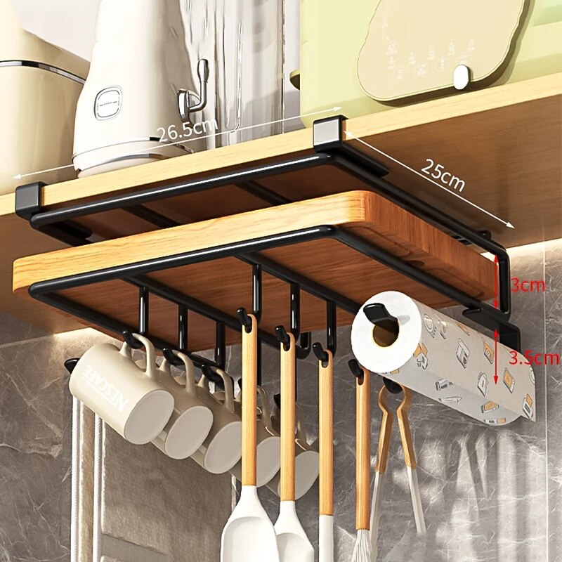 Under Cabinet Kitchen Hanging Organizer Rack With Hooks For Cutting Boards Paper Towels And Pot Cov 2
