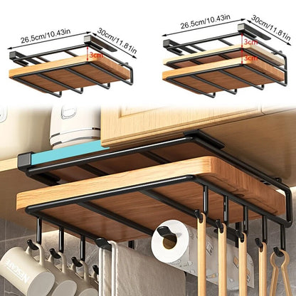 Under Cabinet Kitchen Hanging Organizer Rack With Hooks For Cutting Boards Paper Towels And Pot Cov 4