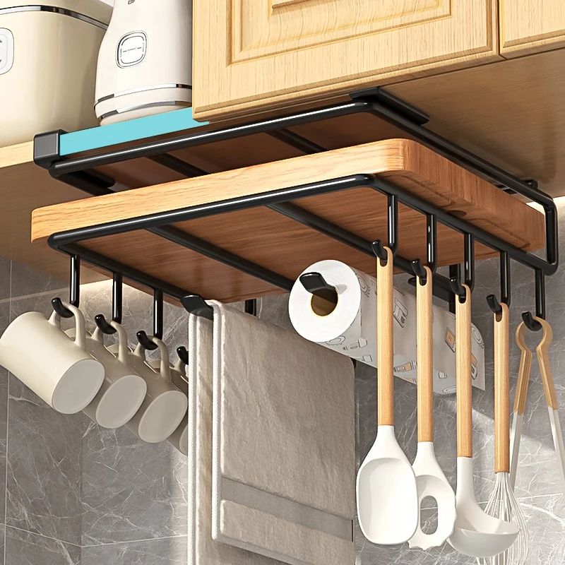 Under Cabinet Kitchen Hanging Organizer Rack With Hooks For Cutting Boards Paper Towels And Pot Cov 7