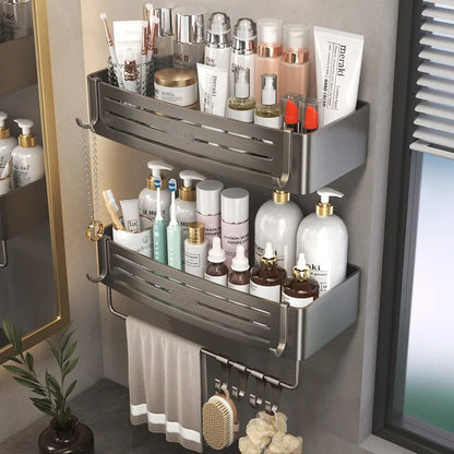 WallMounted Bathroom Accessories NoDrill Shampoo Shelf Makeup Organizer Aluminum Alloy Storage Hold 5