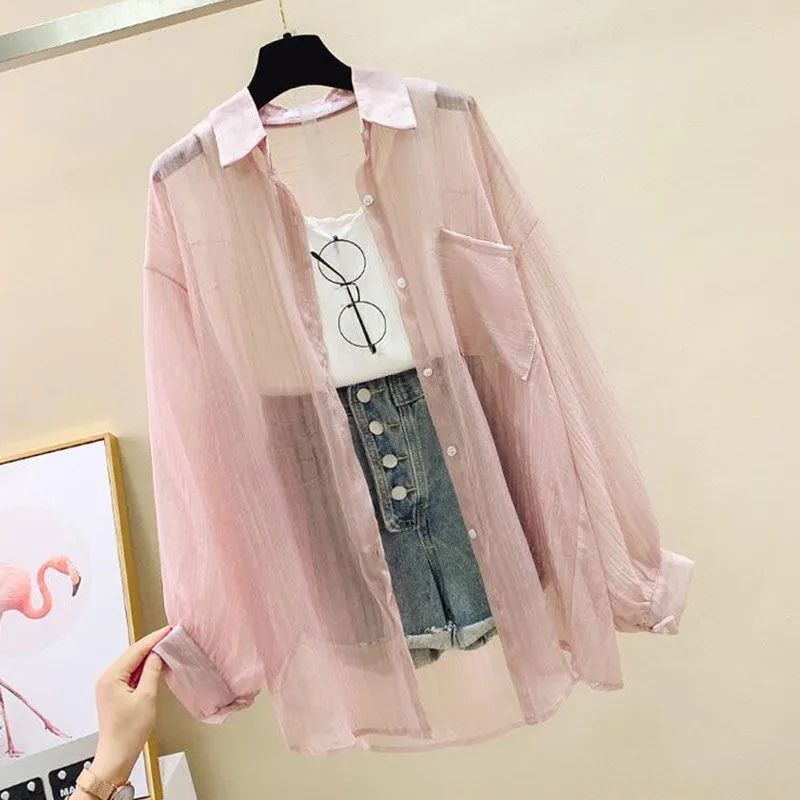 Elegant Summer Sunscreen Shirt  Thin Chiffon Blouse Korean Harajuku SeeThrough Loose Top For Women 5