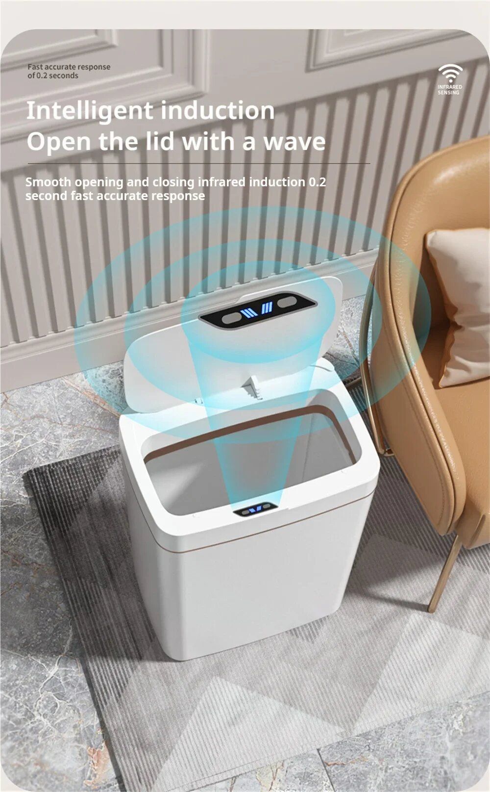Smart Electronic Trash Can for Bathroom 15L Large Capacity IPX5 Waterproof Intelligent Sensor Lid