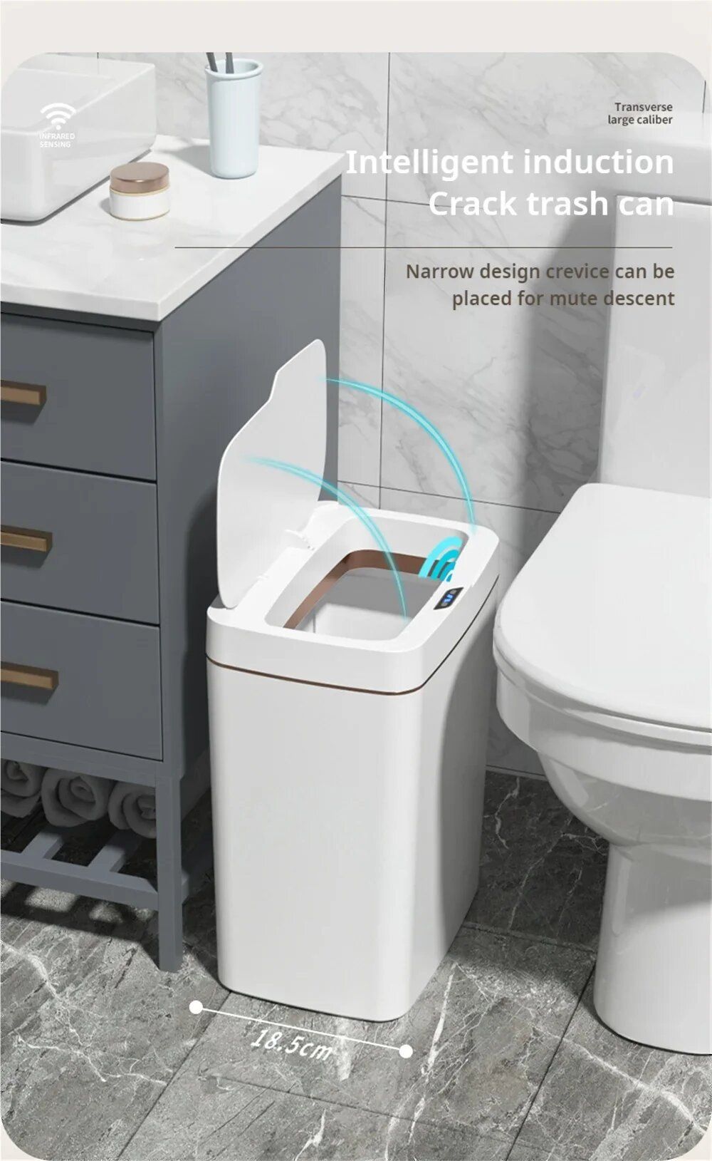 Smart Electronic Trash Can for Bathroom 15L Large Capacity IPX5 Waterproof Intelligent Sensor Lid