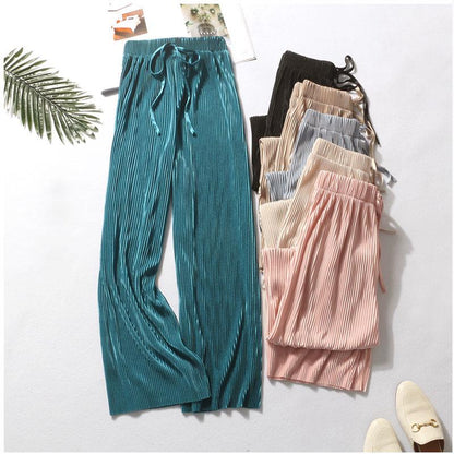 Womens Fashion Summer Wide Leg Pants ,Pleated Ice Silk Trousers with Elastic Waist for Casual Comfort