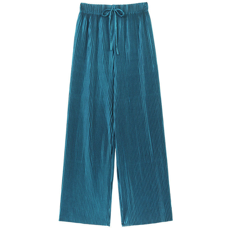 Womens Fashion Summer Wide Leg Pants Pleated Ice Silk Trousers With Elastic Waist For Casual Comfor 3